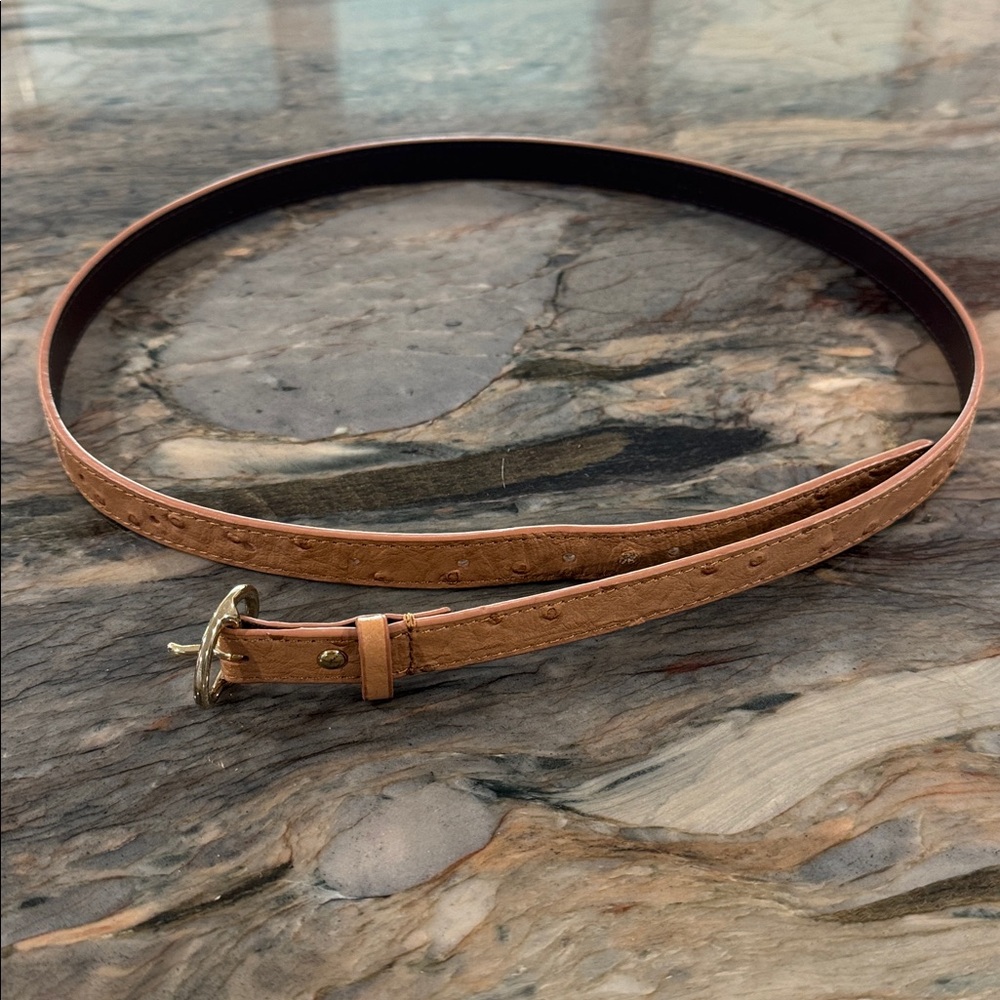 J. Crew Thin Ostrich-Embossed Leather Belt in Light Brown with Gold Buckle